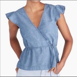 EUC J. Crew Size 8 Chambray Flutter Sleeve Cotton Blouse